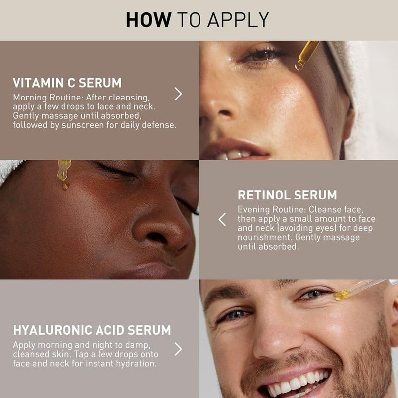 Wumal 3 Pack Face Serum Set - Includes Vitamin C, Retinol & Hyaluronic Acid - Firming, Brightening & Hydrating - Reset Your Skin Day and Night - Image 4
